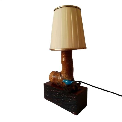 Lampe de table rustique en bois naturel fait main avec motif d’oiseau