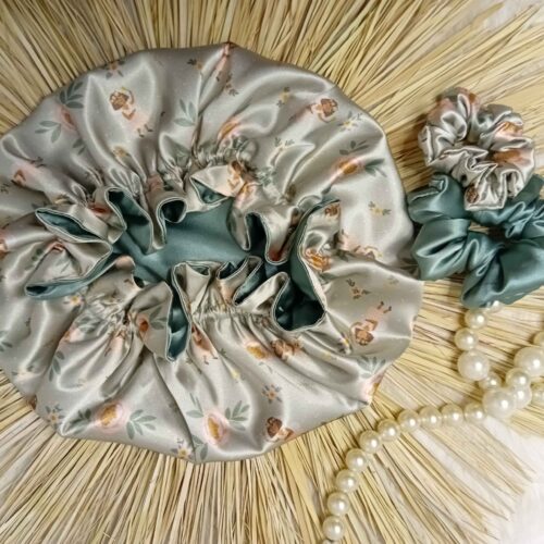 Bonnet de nuit en satin de soie de luxe pour femmes, design floral vert clair