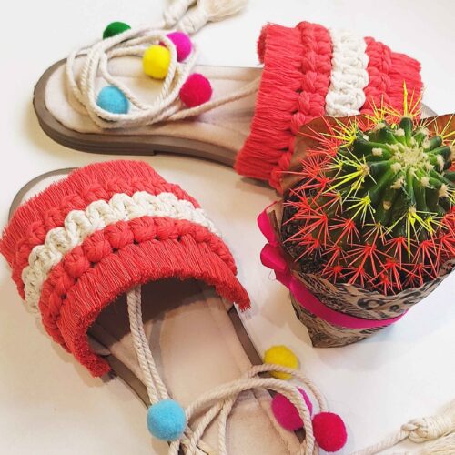 Sandales Sling Back en Macramé pour Femmes, Modèle Pom Pom