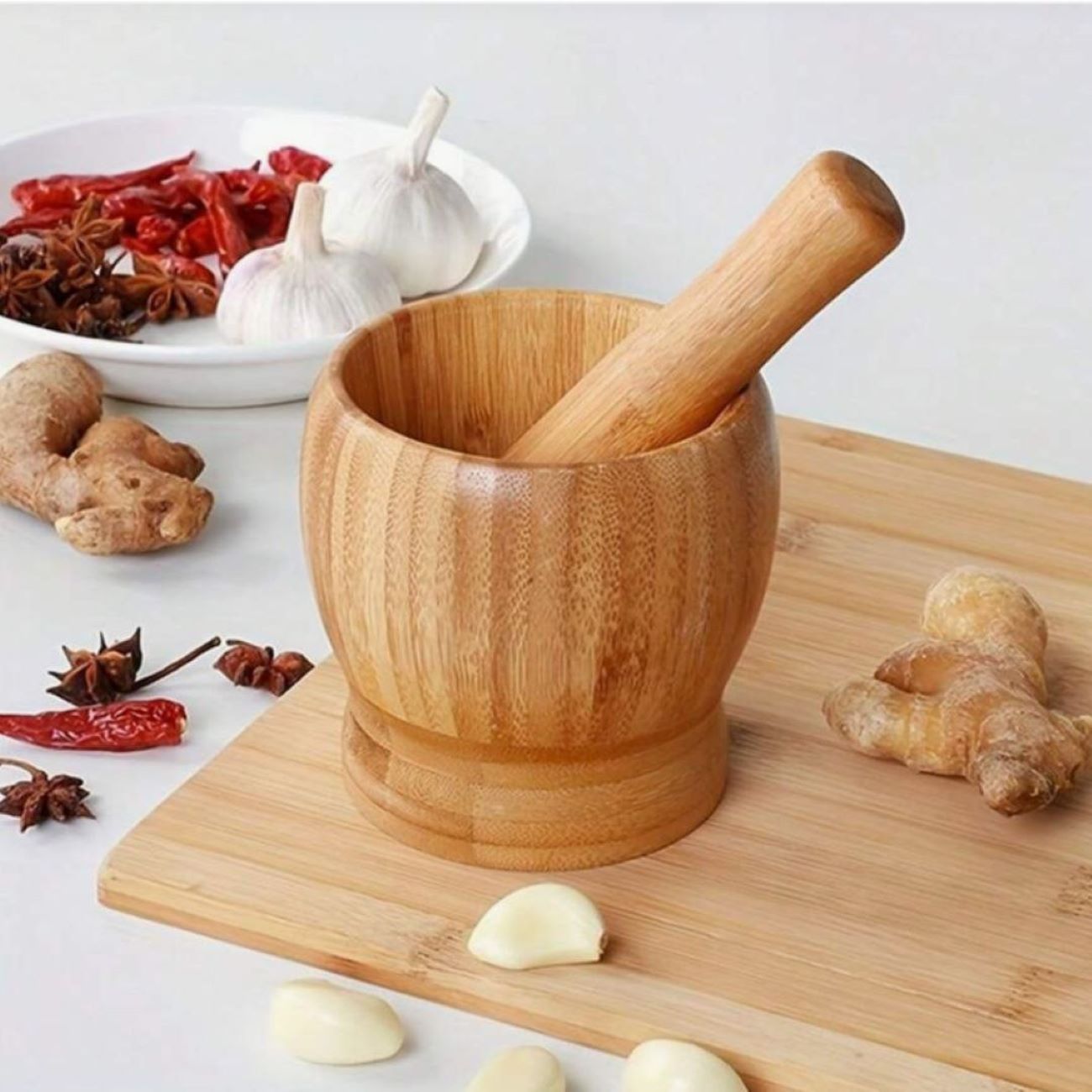 Ensemble Mortier et Pilon en Bois de Bambou Naturel
