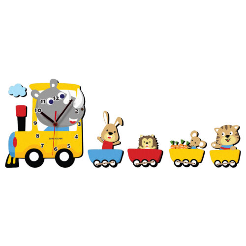 Horloge Murale en Bois pour Chambre d’Enfant avec Design de Train des Animaux