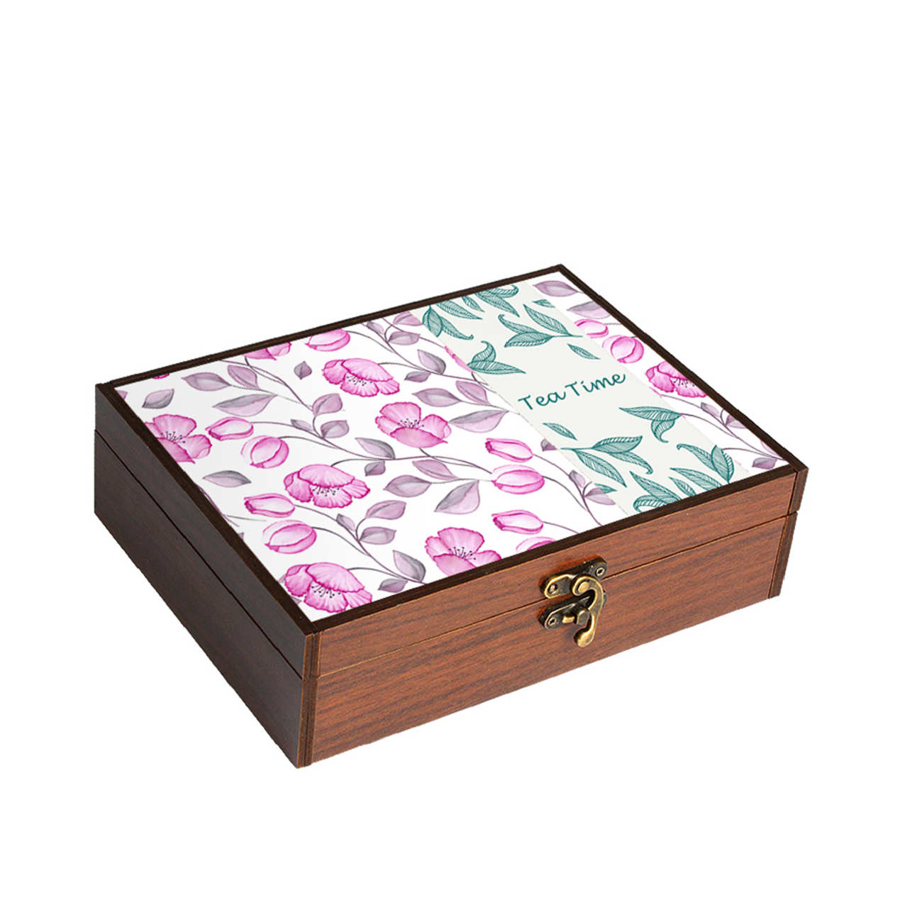 Boîte organisatrice en bois pour thé avec compartiments et design floral