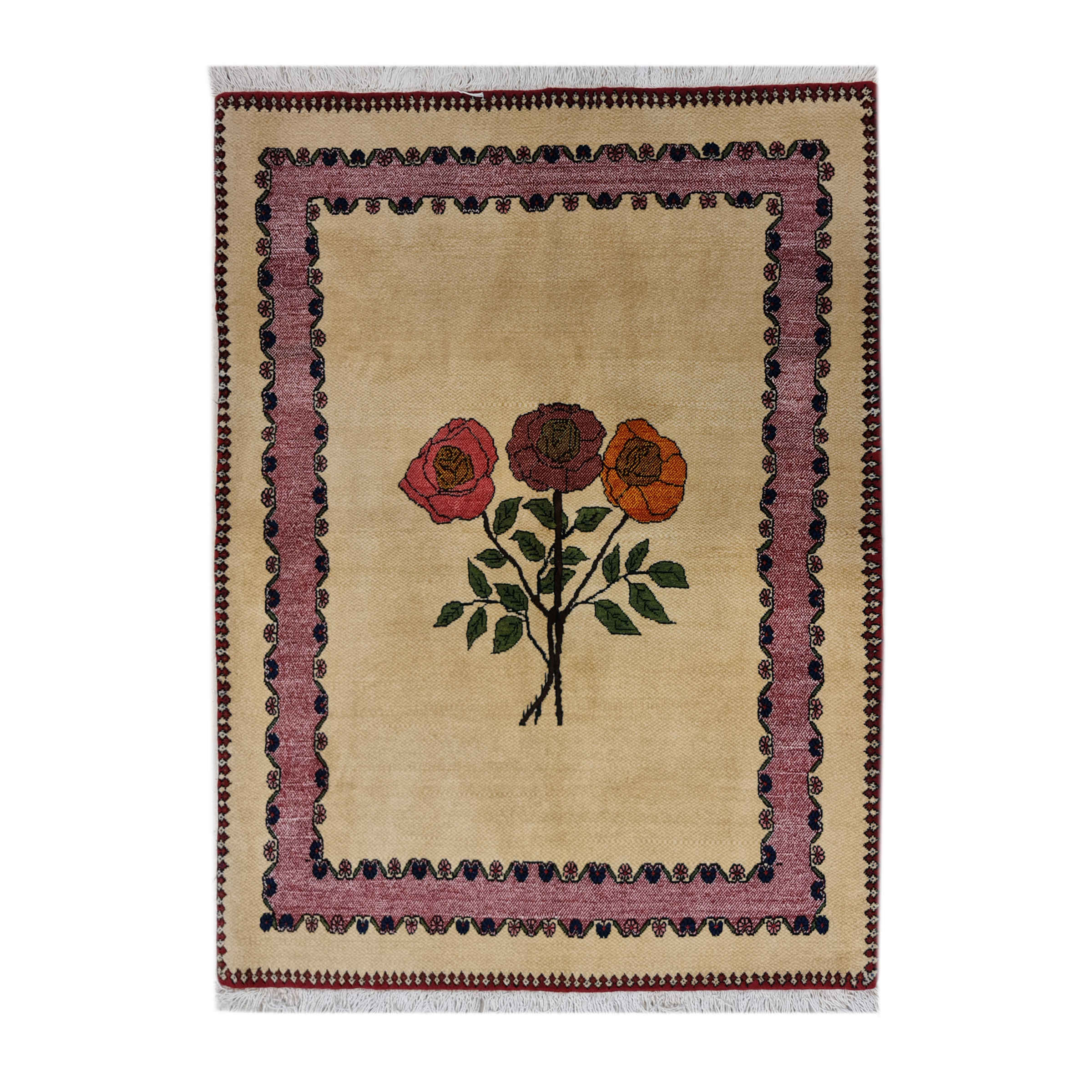 Tapis persan authentique en laine noué à la main fleurs de rose marron clair