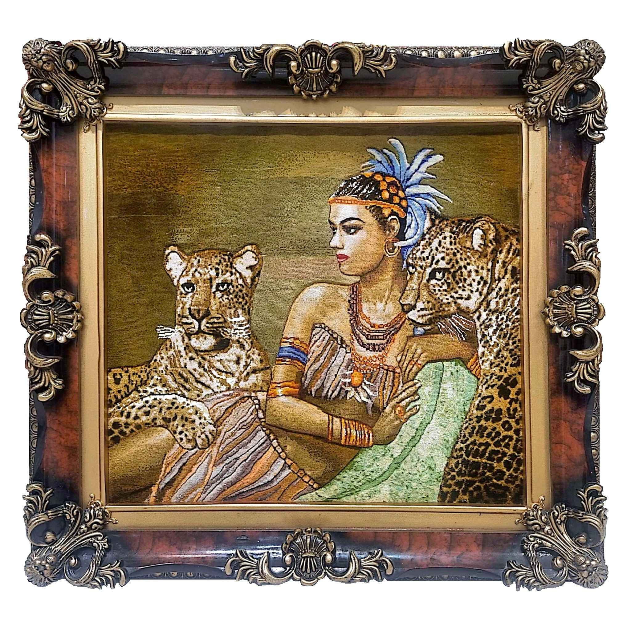Hand-Knotted Persian Silk Pictorial Rug from Tabriz Egyptian Woman & Tiger