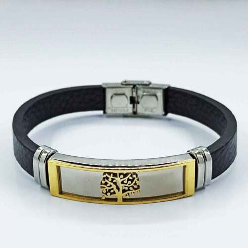 Bracelet en cuir et acier avec motif d’arbre noir