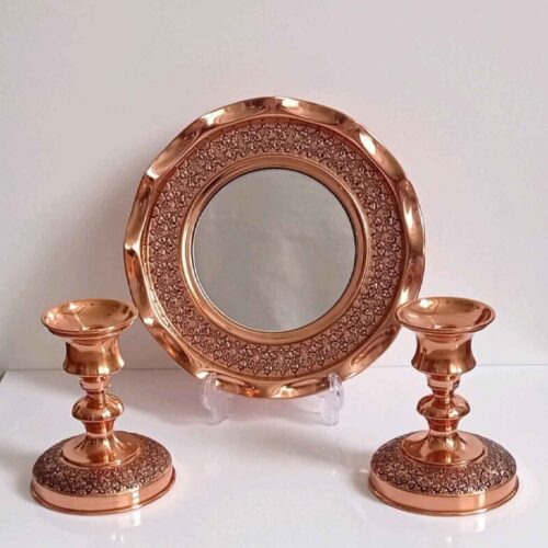 Ensemble luxueux de miroir et bougeoirs en cuivre persan