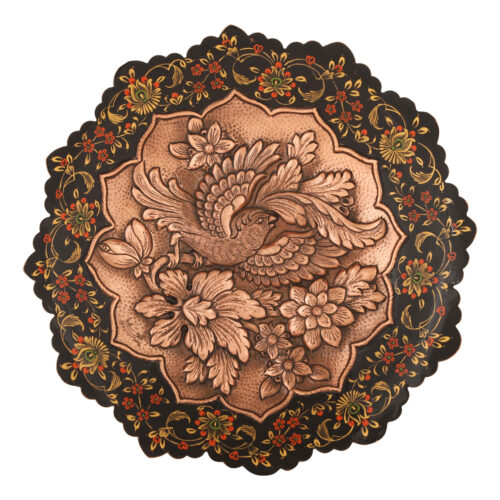 Plat décoratif en cuivre persan gravé – Design traditionnel avec oiseaux et fleurs
