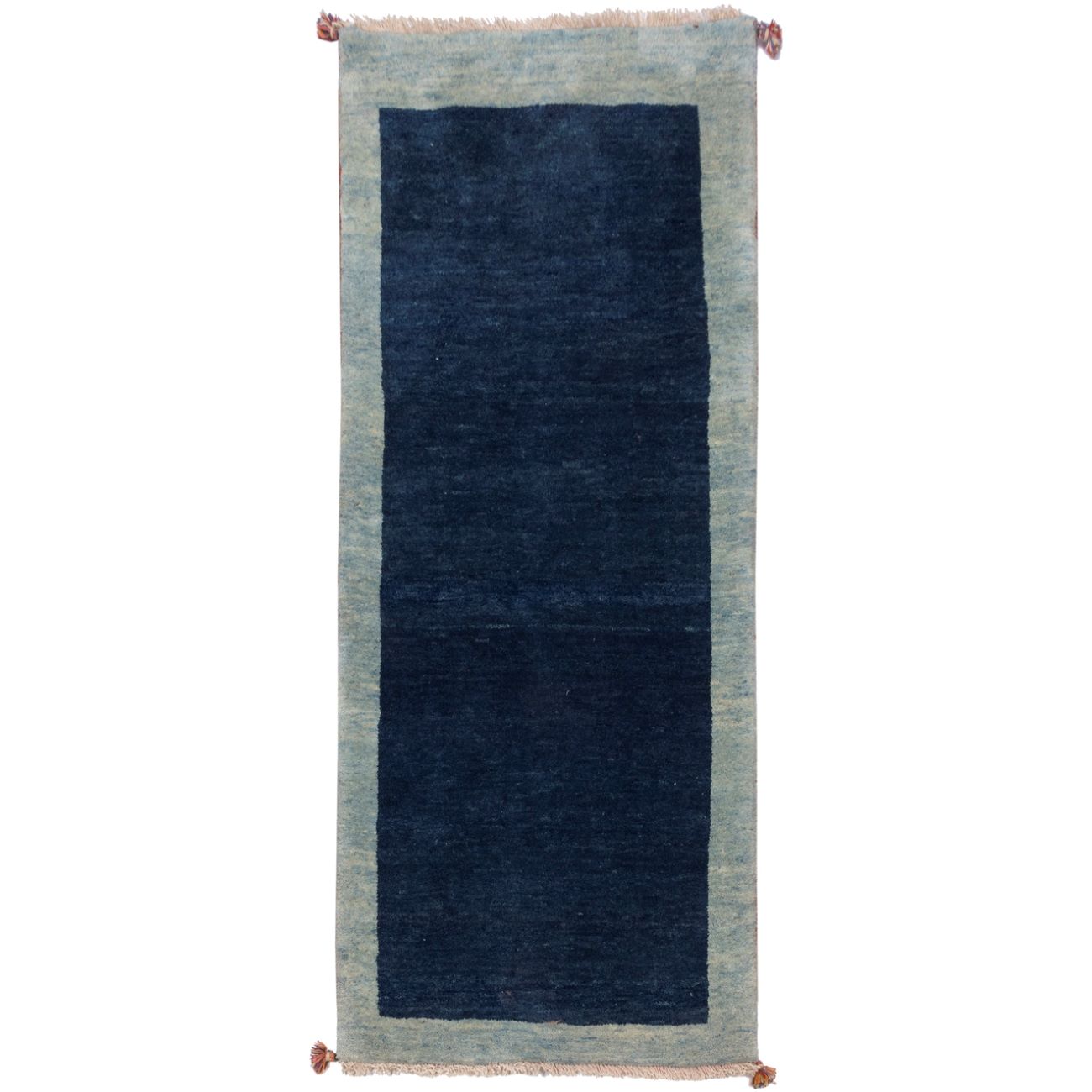 Tapis de course Gabbeh Persan en laine tissé à la main dans le Fars, bordé bleu marine