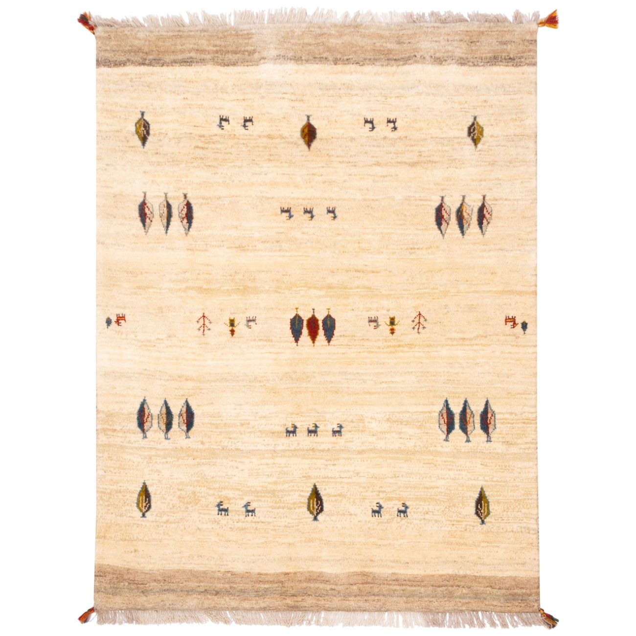 Tapis Gabbeh Persan en laine authentique tissé à la main dans le Fars, motifs animaliers et d'arbres