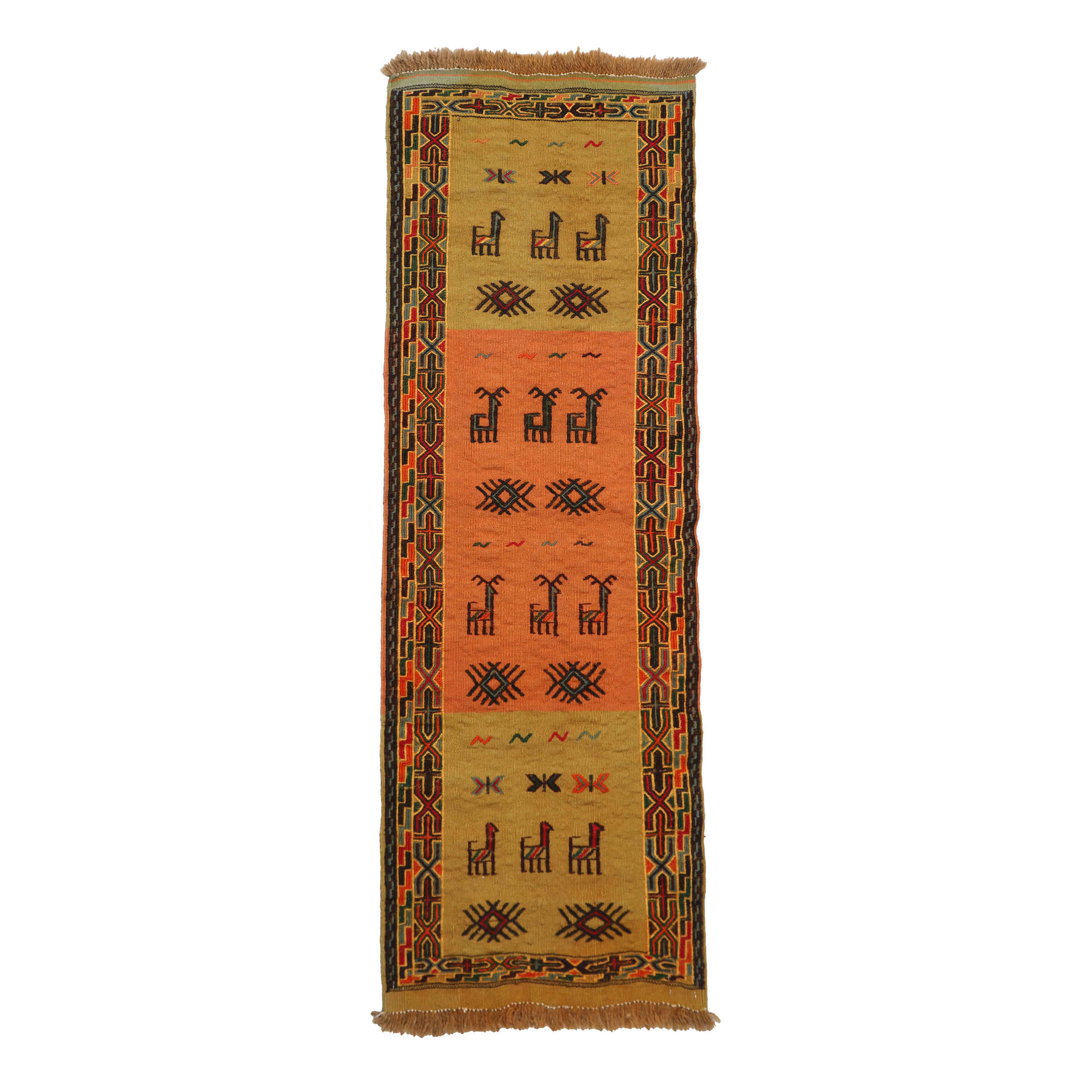 Tapis de course Kilim en laine persan – tissé à la main authentique dans le Khorasan avec motifs animaliers