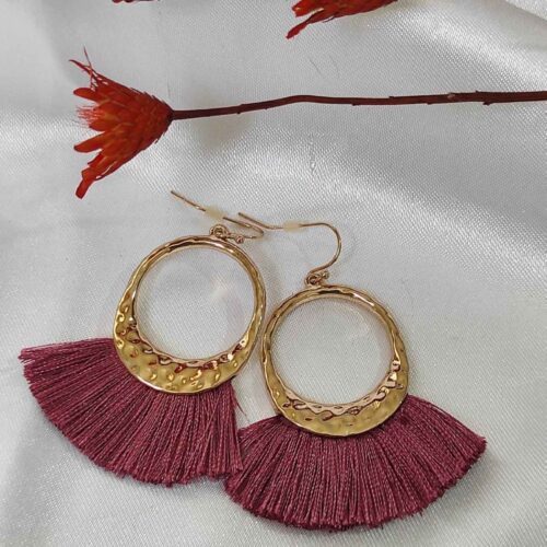 Boucles d’oreilles à pompons bohèmes en macramé, rouge bordeaux