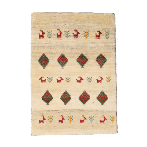 Tapis Gabbeh Persan en laine authentique tissé à la main dans le Khorasan, motifs animaliers et d’arbres