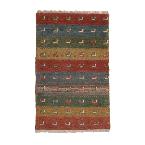Tapis Gabbeh Persan en laine tissé à la main dans le Fars, rayé avec motifs animaliers