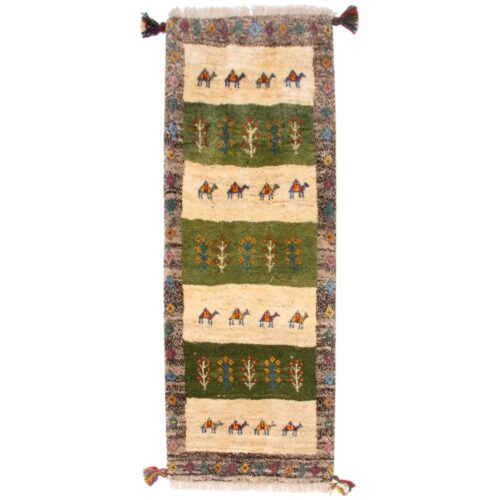 Tapis runner Gabbeh persan en laine tissé à la main dans le Fars, motifs animaux et arbres