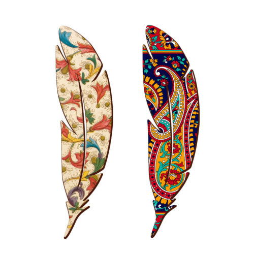 Marque-pages en bois artistique inspirés du style persan – Motif plume – Lot de 2