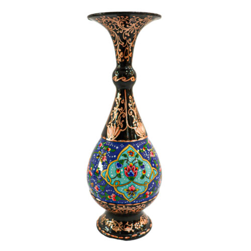 Vase décoratif en cuivre persan fait main avec design floral en noir