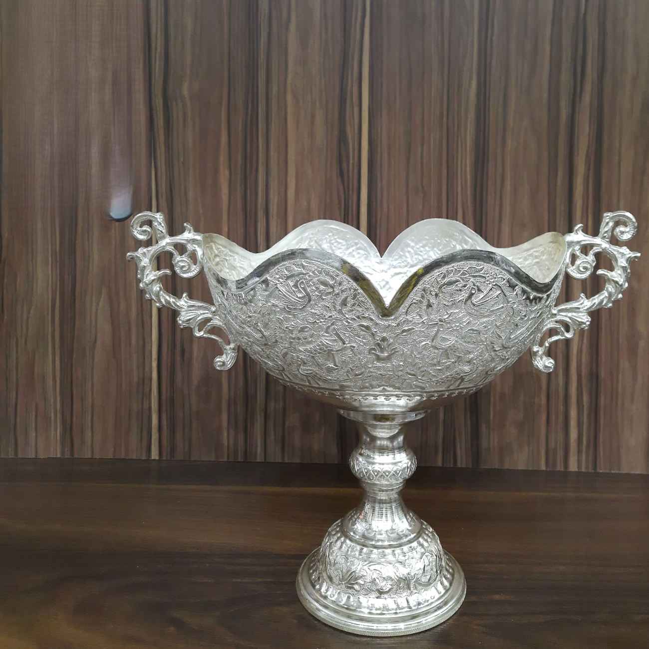 Bol décoratif en argent persan – Fait main et gravé avec une base sur pied