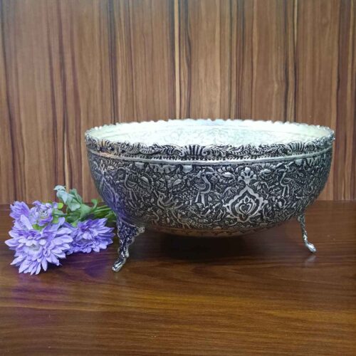 Bol décoratif en argent persan avec détails faits main – Idéal pour la décoration traditionnelle