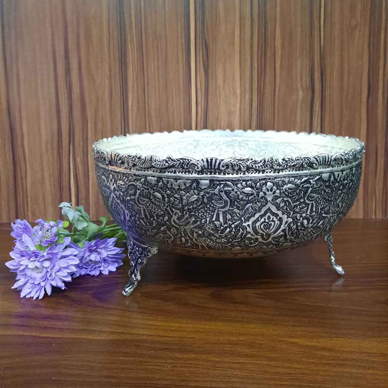 Bol décoratif en argent persan avec détails faits main – Idéal pour la décoration traditionnelle