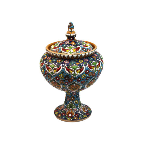 Sucrier Persan sur Pied en Poterie avec Couvercle – Minakari Émaillé avec Motif Floral