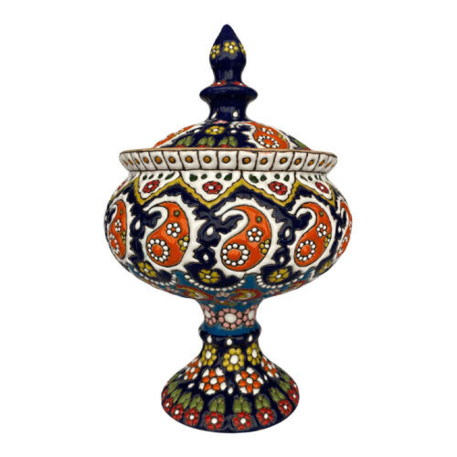 Sucrier Persan en Poterie avec Couvercle – Minakari Émaillé avec Motif Paisley