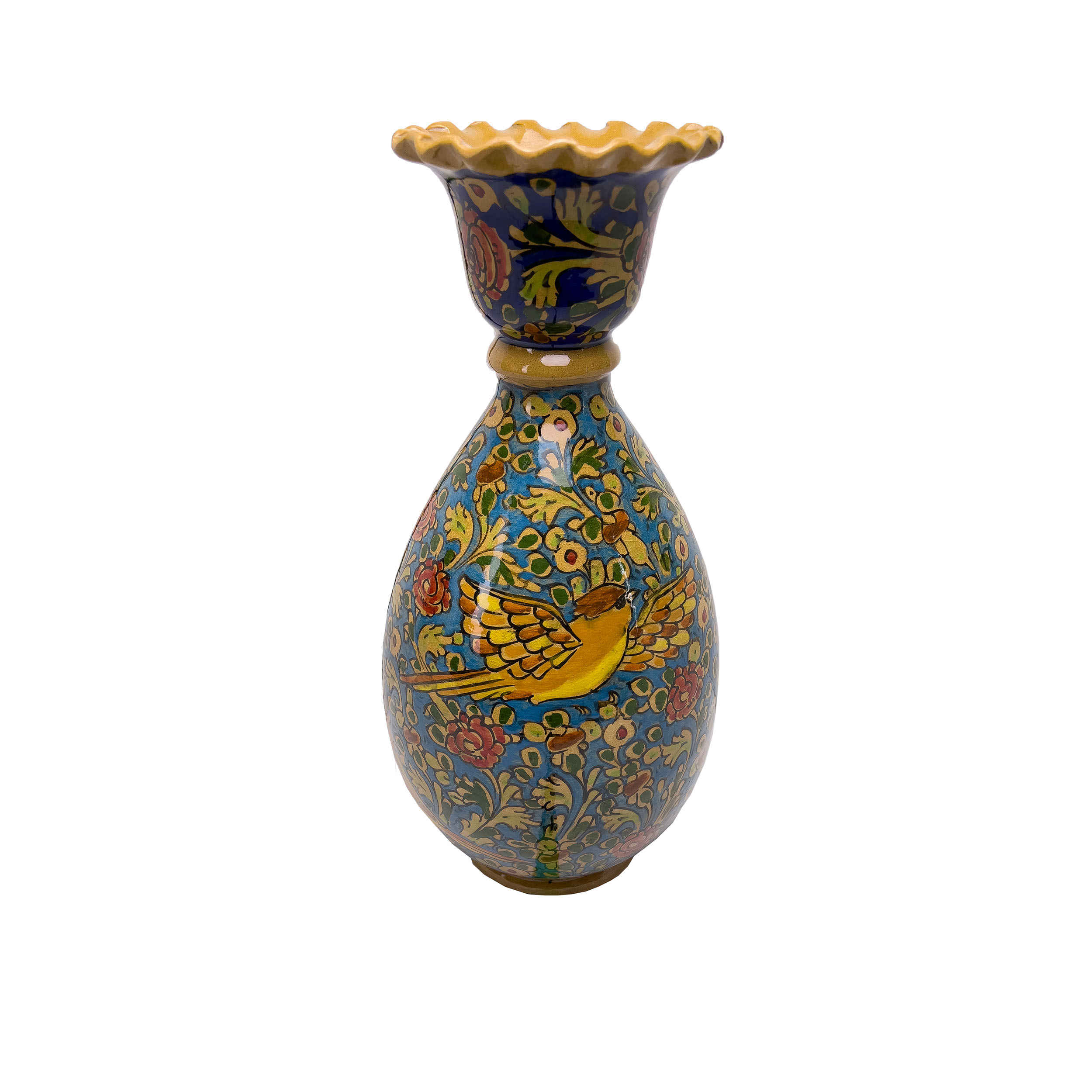 Vase en poterie décoratif persan fait main avec modèle d'oiseau et de fleurs