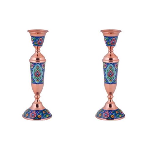 Bougeoir en cuivre persan fait à la main – Incrustation de turquoise avec design floral (x2)
