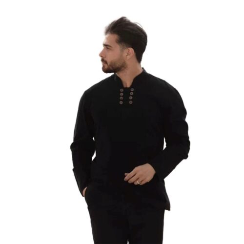 Tunique islamique pour hommes musulmans avec 8 boutons en noir – Idéale pour un usage quotidien