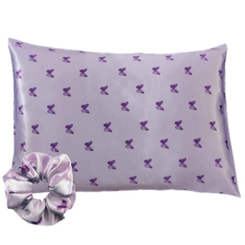 Taie d’oreiller en satin de soie avec motif de papillon et élastique à cheveux (paquet de 2)