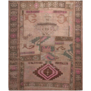 Tapis Persan Vintage Patchwork Noué à la Main Géométrique Marron