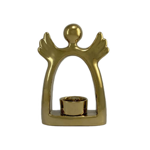 Porte-bougie décoratif en céramique avec design d’ange en or