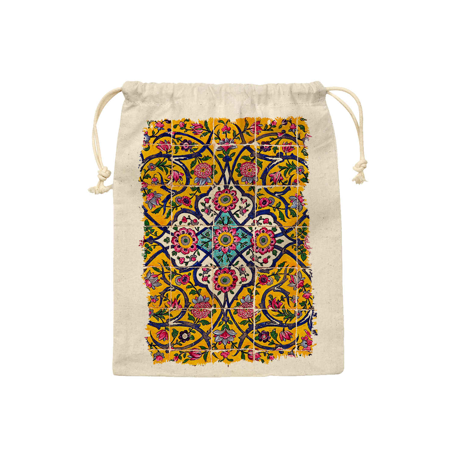 Sac de rangement en coton à cordon - Réutilisable et durable avec Motif de Carreaux Persans