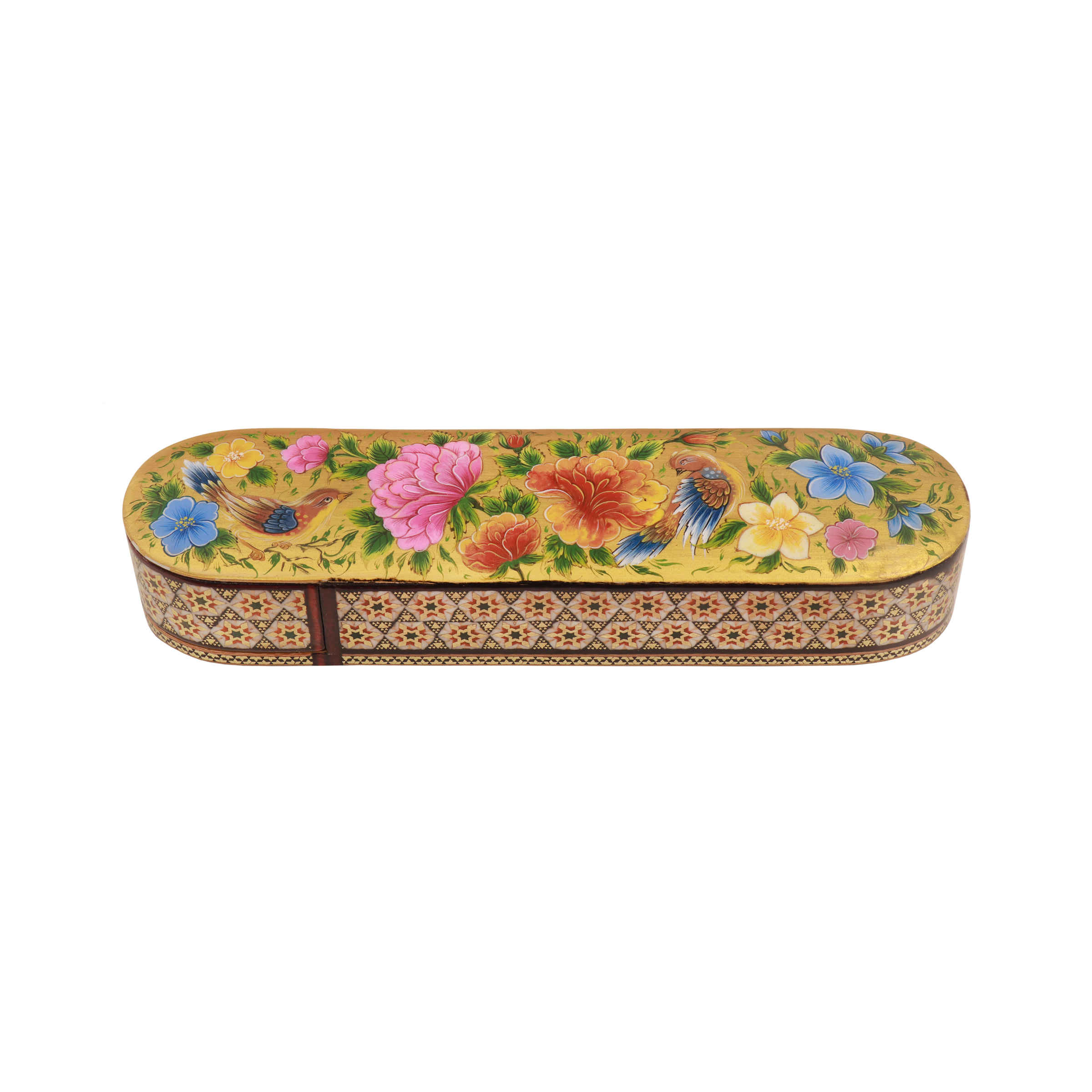 Boîte à crayons en bois persane artisanale avec design oiseaux et fleurs Khatamkari – Idéale pour cadeau