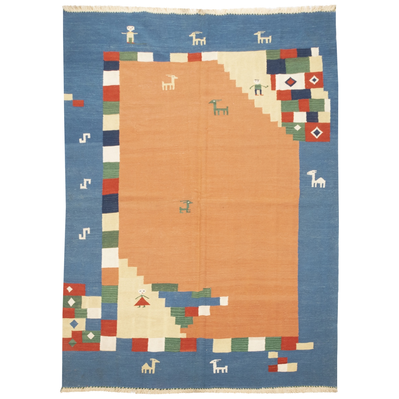 Tapis Kilim persan en laine tissé à la main original dans le Fars, motifs animaux bleu