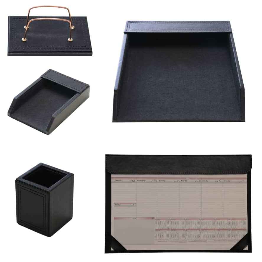 Ensemble de bureau en bois avec revêtement en cuir – Lot de 5, noir