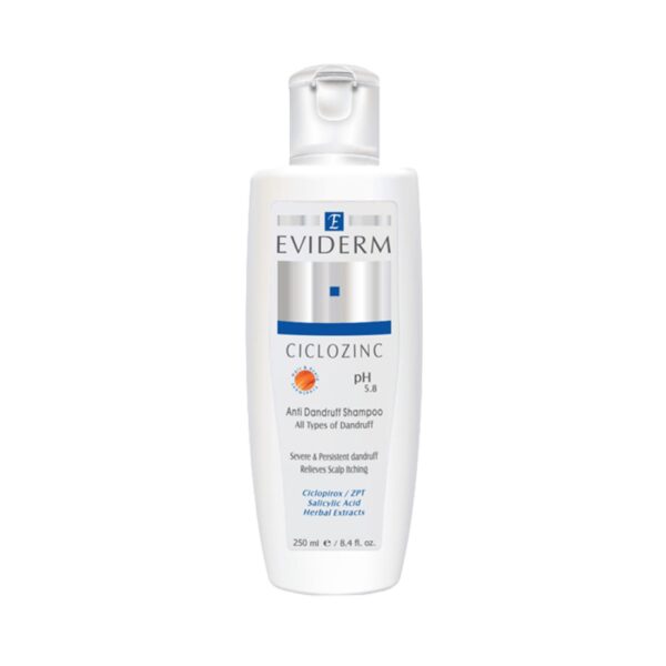 Shampooing antipelliculaire et anti-démangeaisons Eviderm, adapté à tous les types de pellicules, contient du Ciclopirox 250 ml.