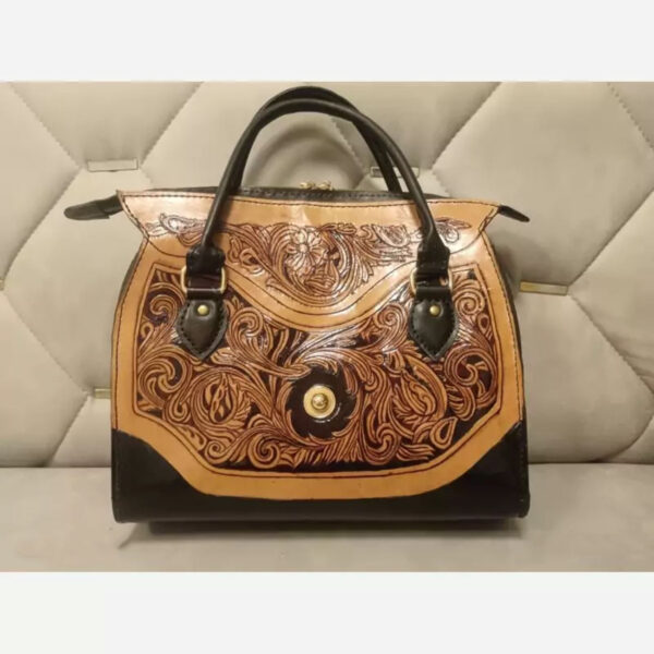 Sac en Cuir Naturel Fait Main – Gravé, Peint et Cousu à la Main avec Motif Sculpter