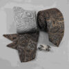 Ensemble Cravate avec Pochette, Boutons de Manchette et Chaussettes avec Motif Paisley Gris