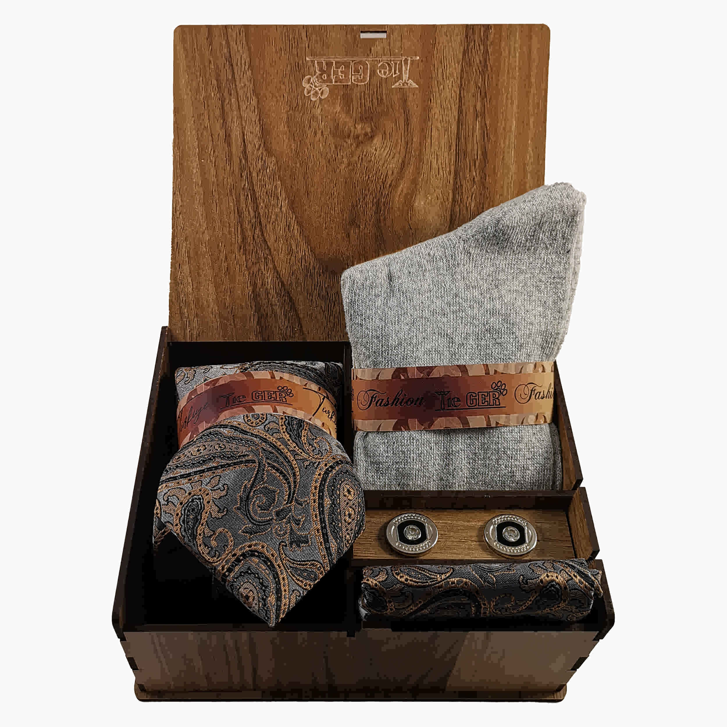 Ensemble Cravate avec Pochette, Boutons de Manchette et Chaussettes avec Motif Paisley Gris