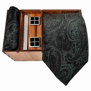 Ensemble Cravate avec Pochette, Boutons de Manchette et Pince à Cravate avec Motif Paisley Vert Foncé