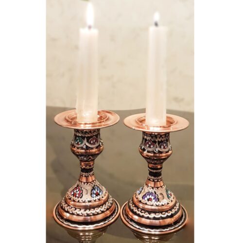 Porte-bougie en cuivre émaillé Minakari avec base courte, design unique et élégant