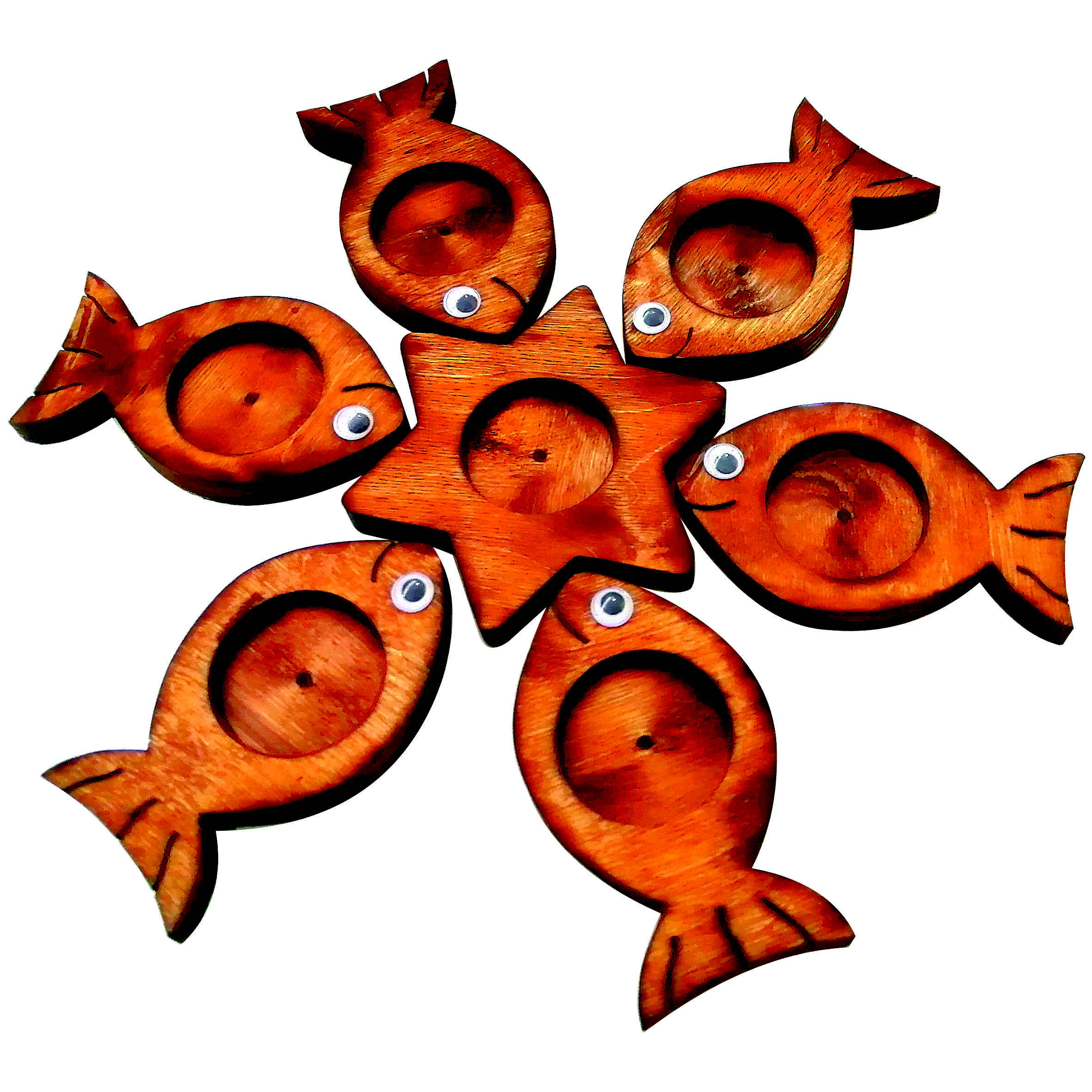 Haft-Seen artistique en bois orné de motifs de poissons symboliques – Pour une décoration originale de Nowruz (7 pièces)
