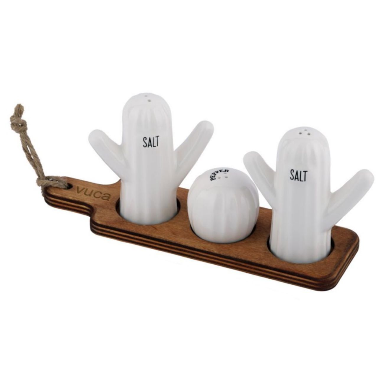 Ensemble de Salieres et Poivrières en Céramique avec Support en Bois – Design Cactus