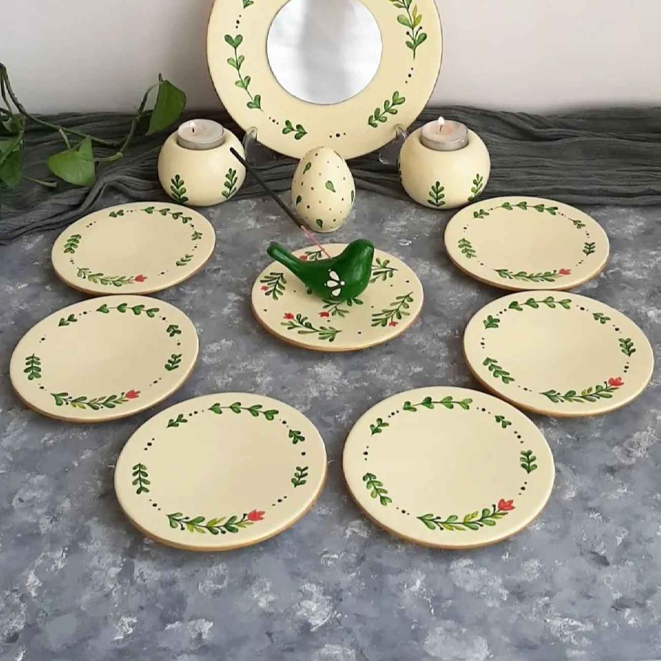 Ensemble Haft-Seen élégant avec motif de pétales et design d’oiseau (12 pièces)