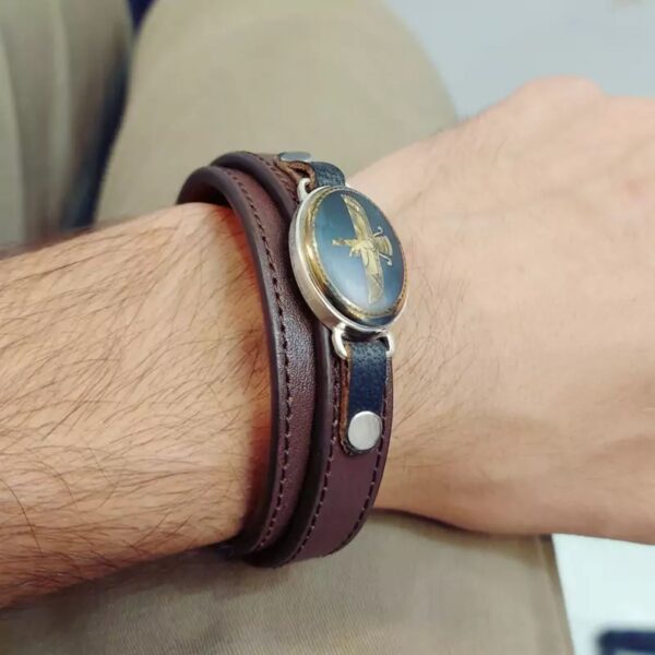 Bracelet en cuir pour hommes avec pierre précieuse Hadid Farvahar originale et naturelle, cadre argenté