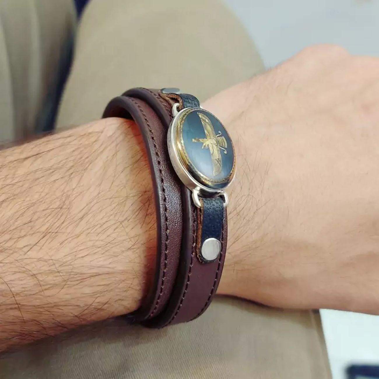 Bracelet en cuir pour hommes avec pierre précieuse Hadid Farvahar originale et naturelle, cadre argenté