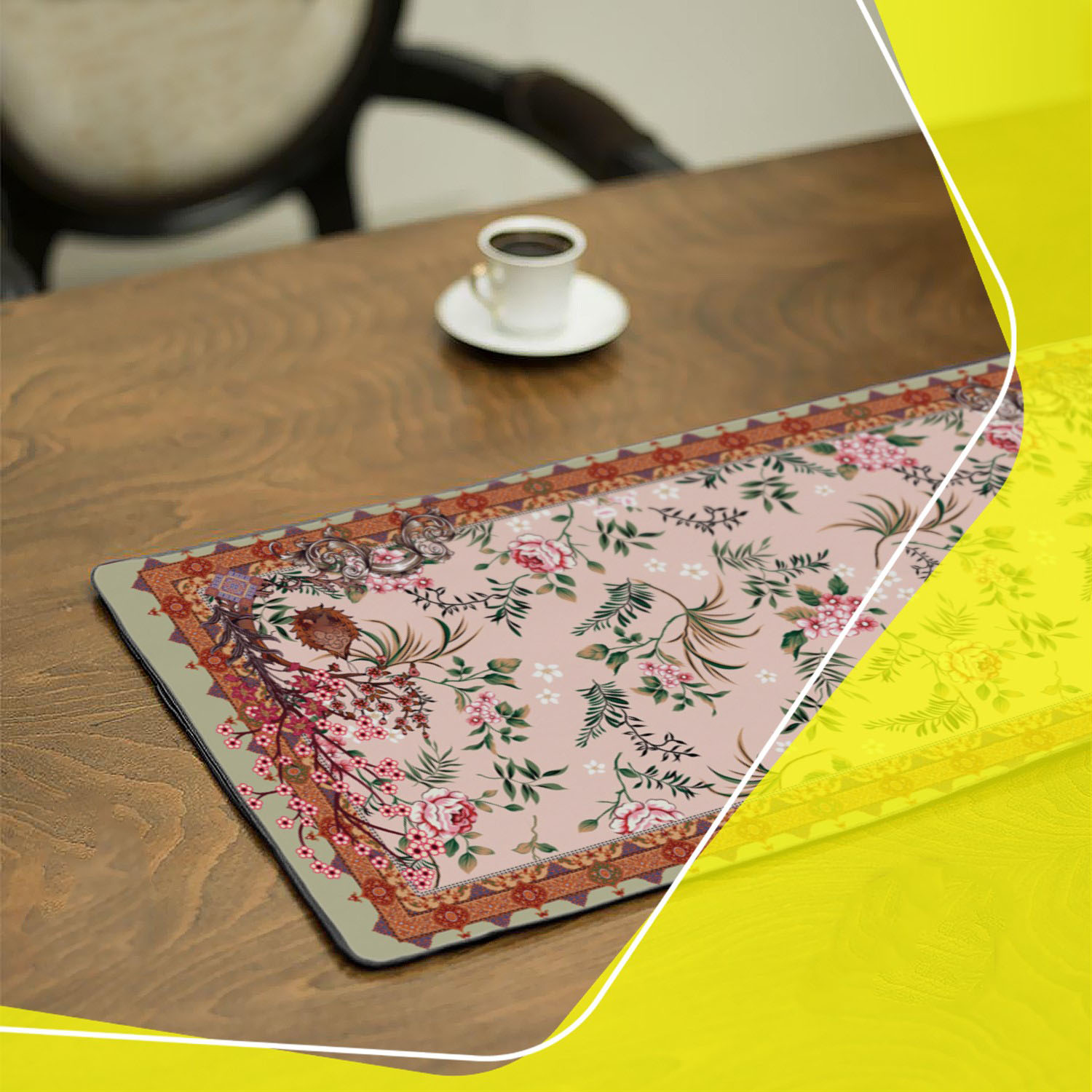 Chemin de table en velours rose clair inspiré de la tradition persane – avec design de fleurs
