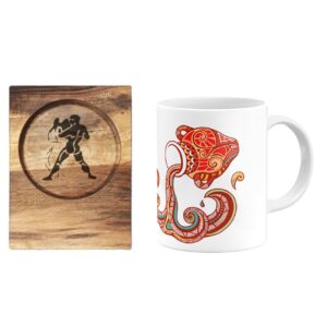 Mug du Zodiaque Persan – Symbole du Mois Bahman (Verseau) avec Sous-Verre