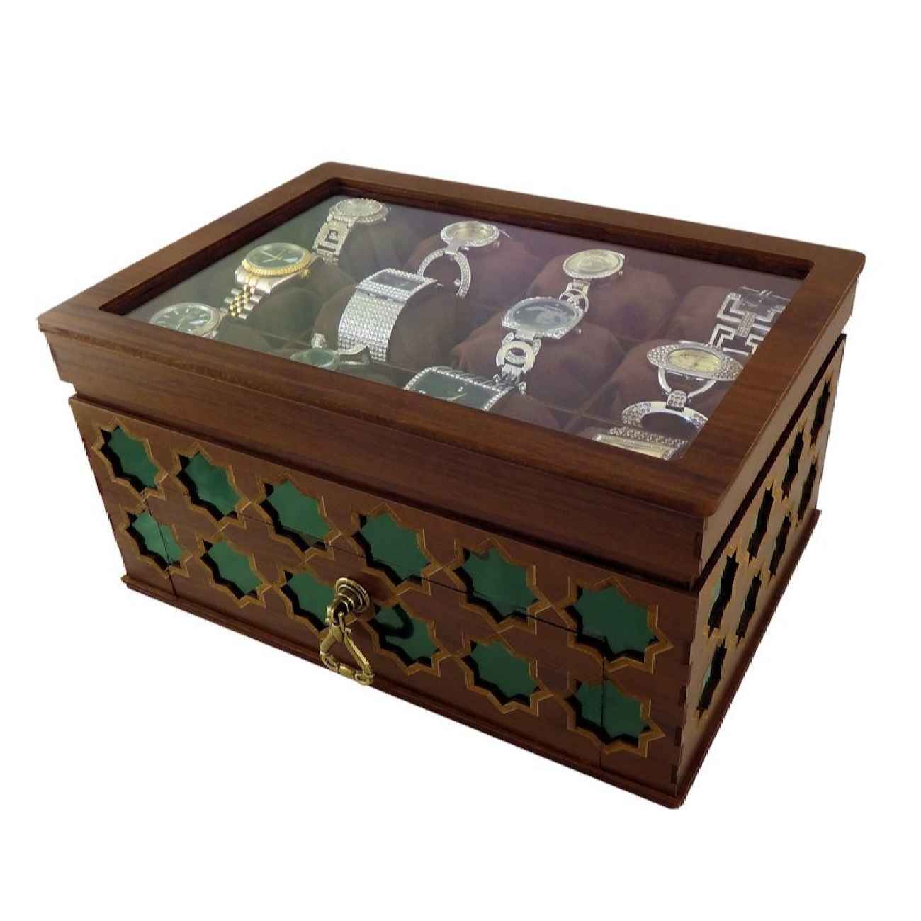 Tiered Wooden Watch Organizer with Geometric Pattern