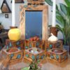 Ensemble Haft-Seen en bois avec miroir – Motif feuille bleue, pour Nowruz
